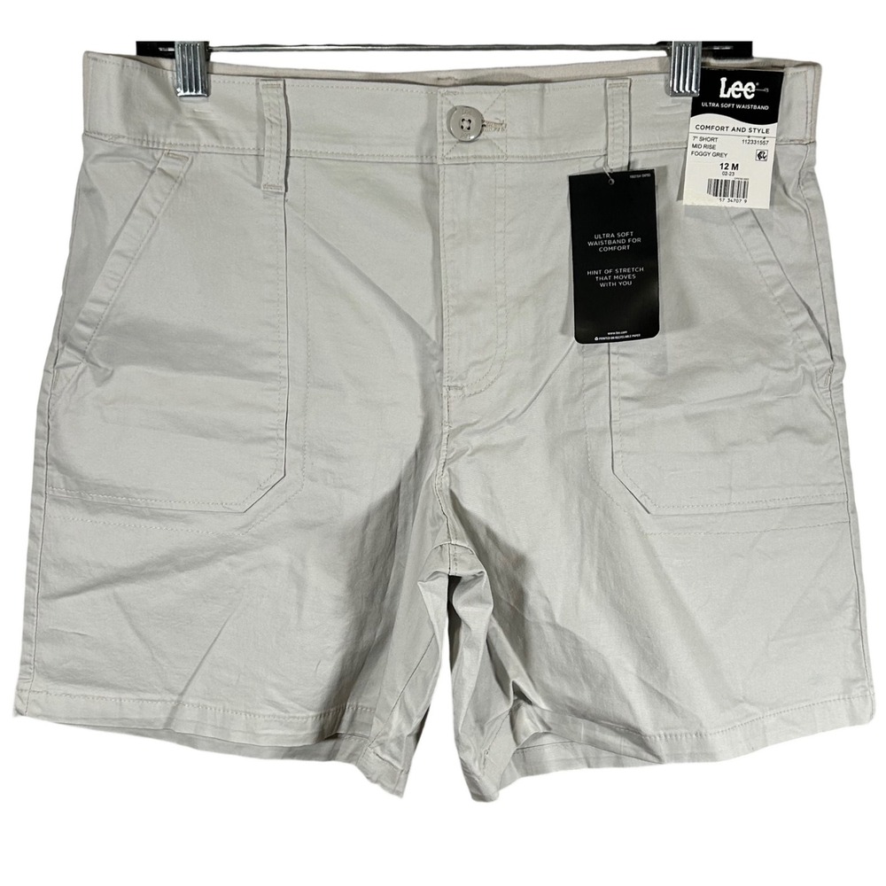 Lee Women Grey Khaki Mid Rise Utility Shorts 7 Inch Inseam 12 M New